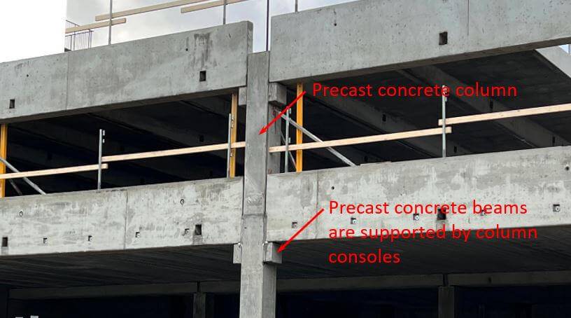 Example precast concrete columns. Precast concrete beams are supported by consoles of the columns.