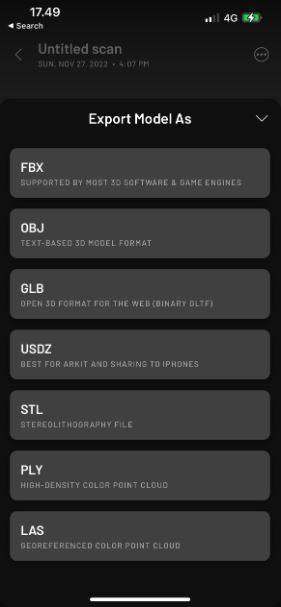 File formats that laser scans can be exported to in scaniverse
