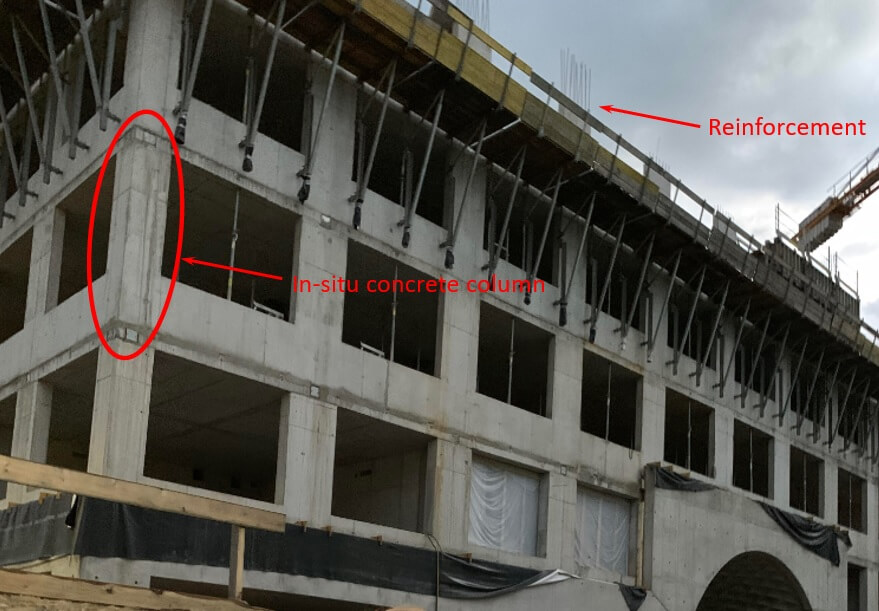 Concrete building under construction. In-situ concrete columns are pointed out.