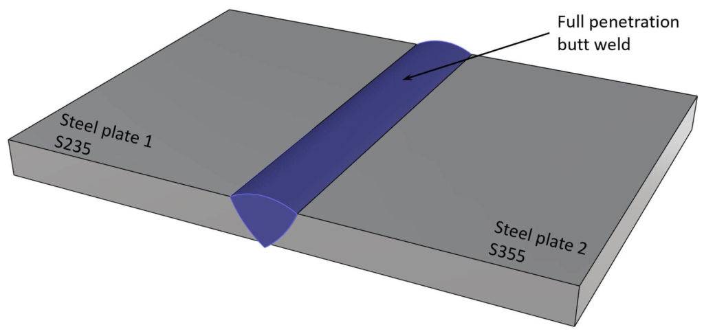 Example of a full penetration butt weld connecting 2 steel plates with different strength classes.